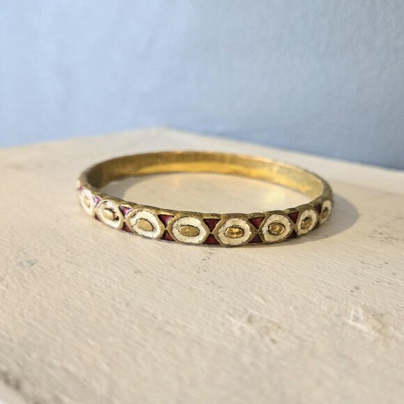 Mixed Metal Chunky Bangle Stack Mother of Pearl Enamel Copper Brass Steel Boho - Picture 7 of 9